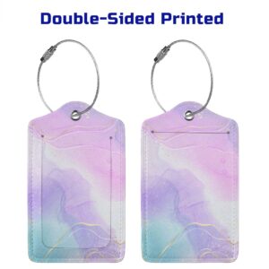 Pink Luggage Tags 2 Pack for Girls Women, Watercolor Light Purple and Cyan Blue Background Leather Suitcase Tags Identifiers, Cute ID and Name Labels with Privacy Covers for Backpack Travel Bag