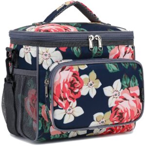 flowfly insulated reusable lunch bag adult large lunch box for women and men with adjustable shoulder strap,front zipper pocket and dual large mesh side pockets,peony