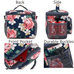 FlowFly Insulated Reusable Lunch Bag Adult Large Lunch Box for Women and Men with Adjustable Shoulder Strap,Front Zipper Pocket and Dual Large Mesh Side Pockets,Peony