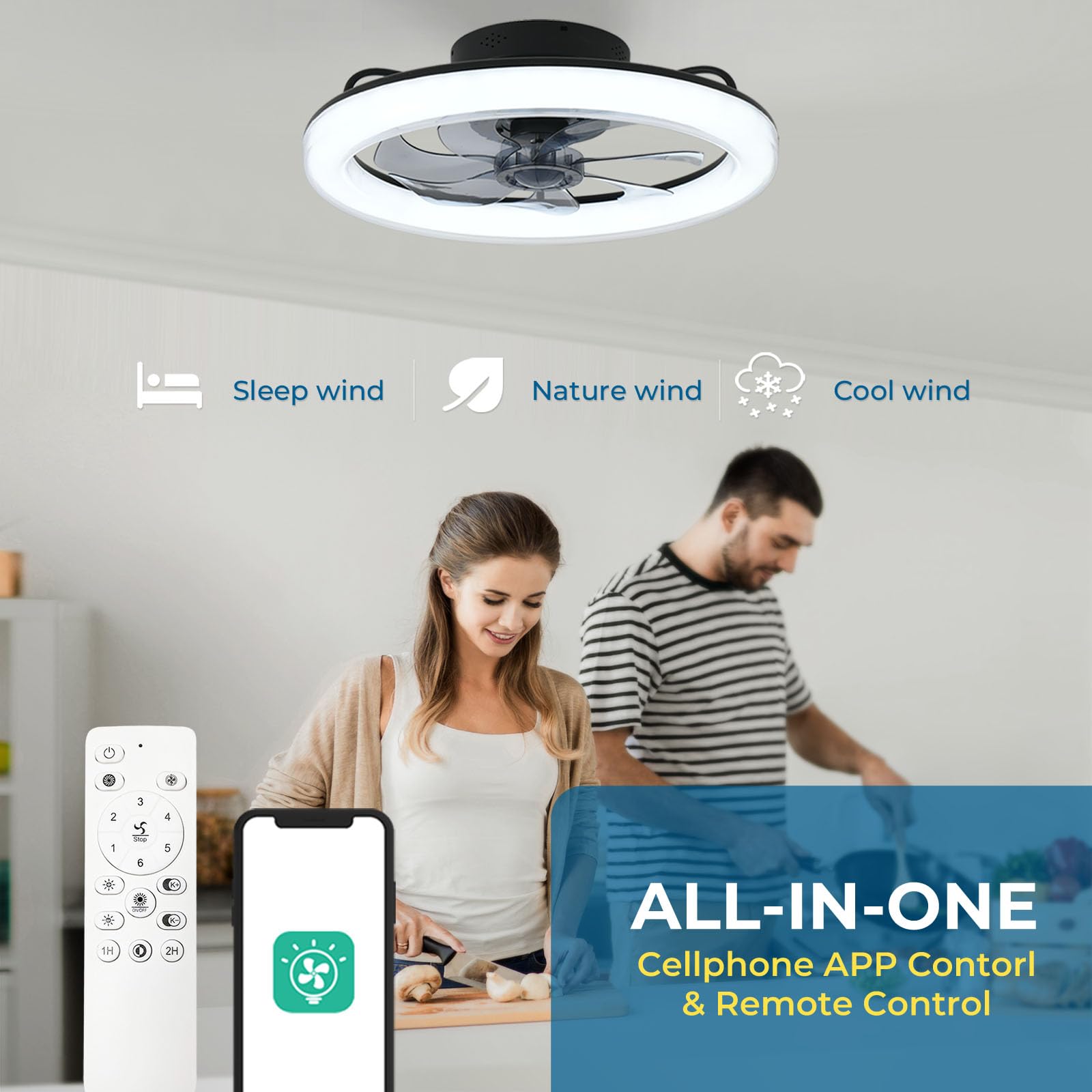 Orison 20'' Ceiling Fans with Lights, Low Profile Ceiling Fan with Light and Remote, Flush Mount Ceiling Fan with 6-Speed Reversible Blades and App Controlled, for Bedroom Living Room Kitchen (Black)