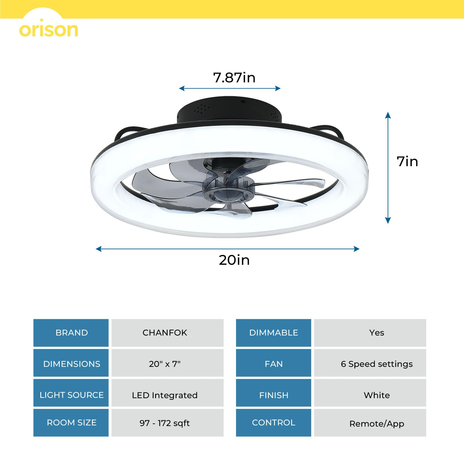 Orison 20'' Ceiling Fans with Lights, Low Profile Ceiling Fan with Light and Remote, Flush Mount Ceiling Fan with 6-Speed Reversible Blades and App Controlled, for Bedroom Living Room Kitchen (Black)