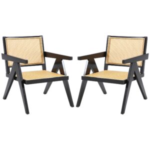 abet cane accent chairs set of 2, wooden comfy rattan living room chairs with woven backrest & seat, solid leisure armchair, mid-century boho cane lounge chairs for bedroom, patio, balcony, black