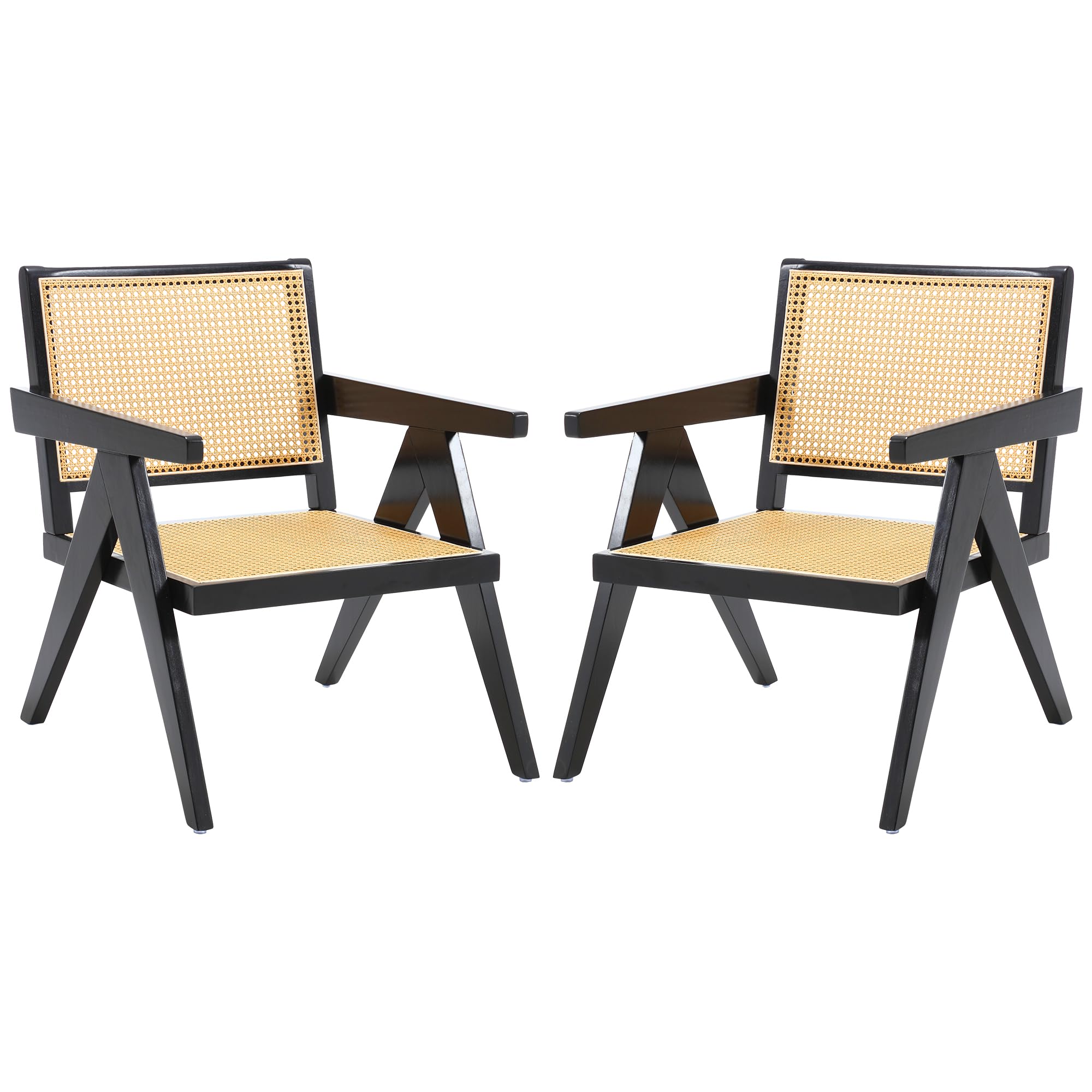 ABET Cane Accent Chairs Set of 2, Wooden Comfy Rattan Living Room Chairs with Woven Backrest & Seat, Solid Leisure Armchair, Mid-century Boho Cane Lounge Chairs for Bedroom, Patio, Balcony, Black