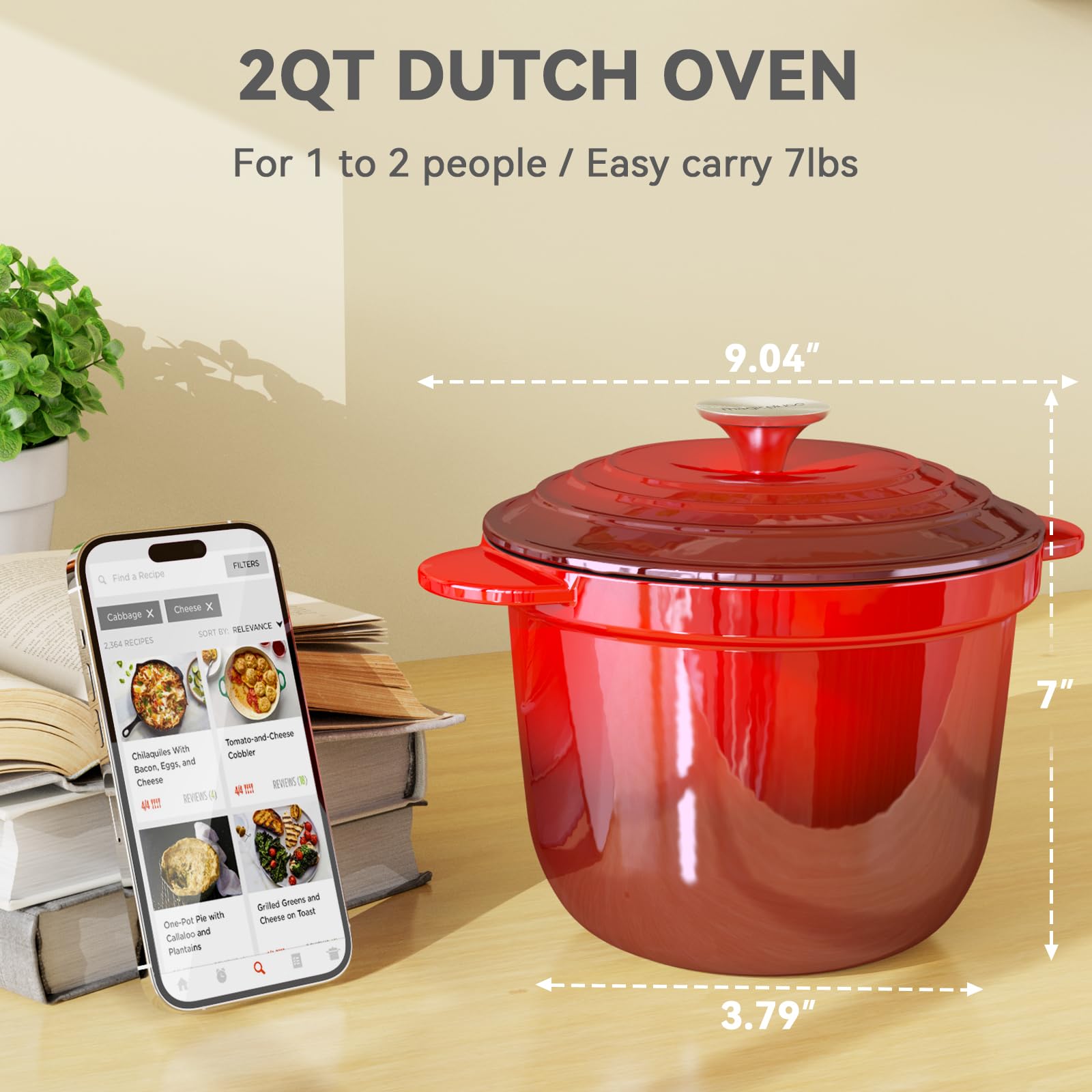 magicplux Dutch Oven Pot with Lid, Enameled Cast Iron Dutch Oven 2 Quart, Cast Iron Pot for Cooking, Red