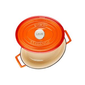 LAVA 7.5 Quarts Cast Iron Dutch Oven: Multipurpose Stylish Oval Shape Dutch Oven Pot with Glossy Sand-Colored Three Layers of Enamel Coated Interior with Trendy Lid (Orange)