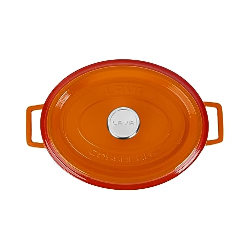 LAVA 7.5 Quarts Cast Iron Dutch Oven: Multipurpose Stylish Oval Shape Dutch Oven Pot with Glossy Sand-Colored Three Layers of Enamel Coated Interior with Trendy Lid (Orange)