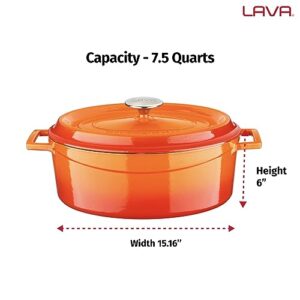 LAVA 7.5 Quarts Cast Iron Dutch Oven: Multipurpose Stylish Oval Shape Dutch Oven Pot with Glossy Sand-Colored Three Layers of Enamel Coated Interior with Trendy Lid (Orange)