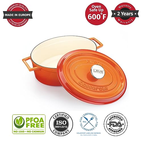 LAVA 7.5 Quarts Cast Iron Dutch Oven: Multipurpose Stylish Oval Shape Dutch Oven Pot with Glossy Sand-Colored Three Layers of Enamel Coated Interior with Trendy Lid (Orange)