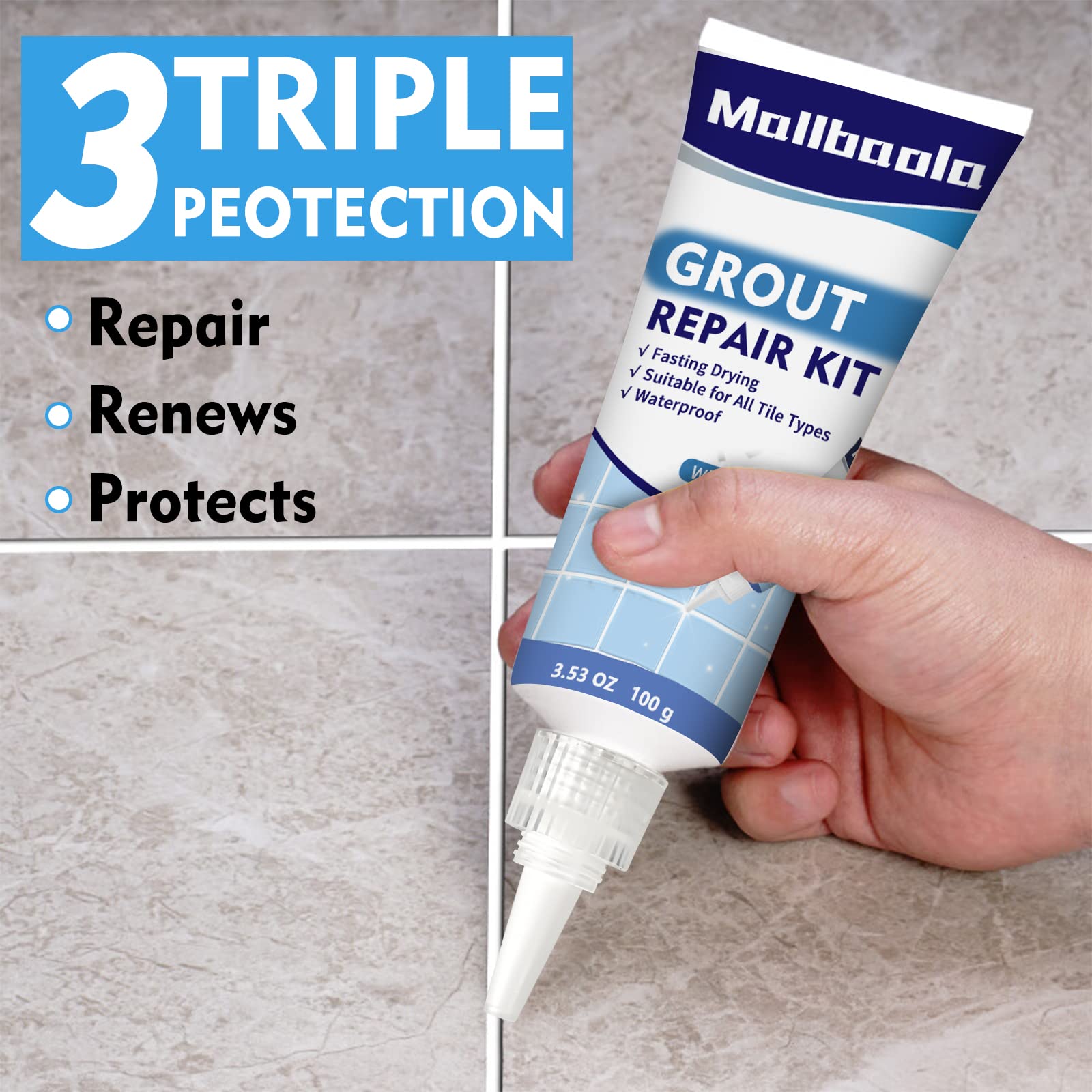 Mallbaola Grout Repair Kit, 2 Pack White Grout Filler Tubes, Grout Sealer Bathroom Shower Kitchen Floor Tile, Fast Drying Tile Grout Paint, Restore and Renew Tile Joints Line, Gaps, Replace Grout Pen