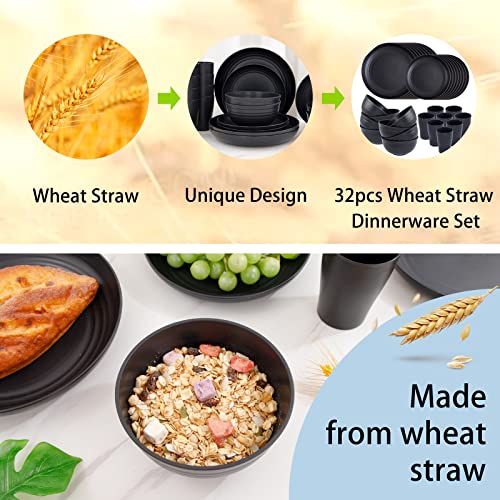 Supernal Wheat Straw Dinnerware Sets,Unbreakable Dinner Plates for 8,Microwave Dishwasher Safe,Reusable Dinnerware,Black Set 16pcs Plates, 8pcs Bowls, 8pcs Cups.