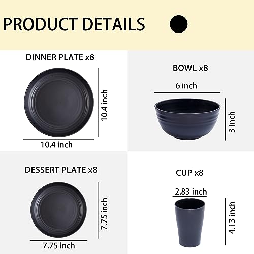 Supernal Wheat Straw Dinnerware Sets,Unbreakable Dinner Plates for 8,Microwave Dishwasher Safe,Reusable Dinnerware,Black Set 16pcs Plates, 8pcs Bowls, 8pcs Cups.