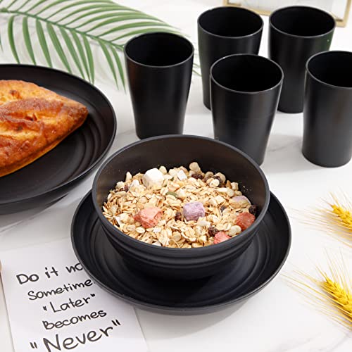 Supernal Wheat Straw Dinnerware Sets,Unbreakable Dinner Plates for 8,Microwave Dishwasher Safe,Reusable Dinnerware,Black Set 16pcs Plates, 8pcs Bowls, 8pcs Cups.