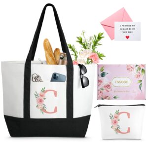 personalized customized friend birthday gifts, floral ini-tial large tote bag for women, can-vas beach bag w makeup bag, bridesmaid grandma mother gifts w inner pocket, top zi-pper, gift box, card c