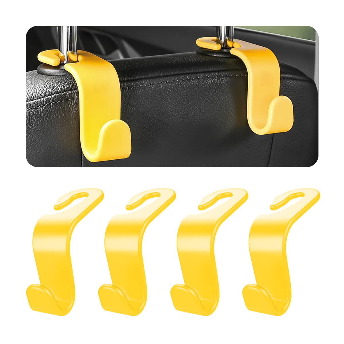 8sanlione Car Back Seat Headrest Hooks, 4PCS Vehicle Backseat Storage Organizer Hanger, Multifunctional Auto Headrest Hidden Hook Universal for Handbag Purse Backpacks Bags and Groceries (Yellow)