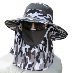 upf 50+ sun fishing hat for men women wide brim hat with detachable face cover & neck flap grey camo