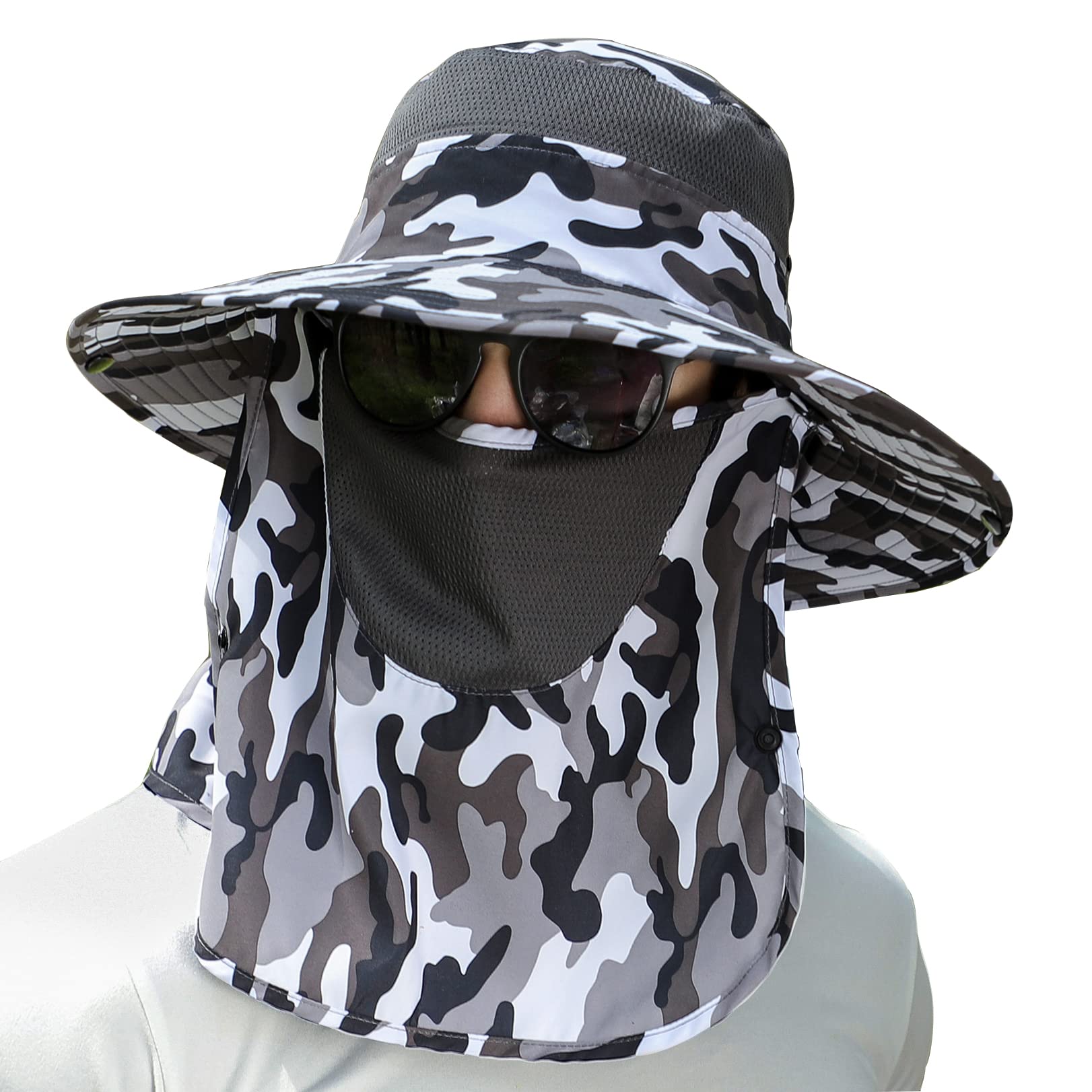 UPF 50+ Sun Fishing Hat for Men Women Wide Brim Hat with Detachable Face Cover & Neck Flap Grey Camo