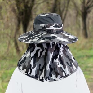 UPF 50+ Sun Fishing Hat for Men Women Wide Brim Hat with Detachable Face Cover & Neck Flap Grey Camo