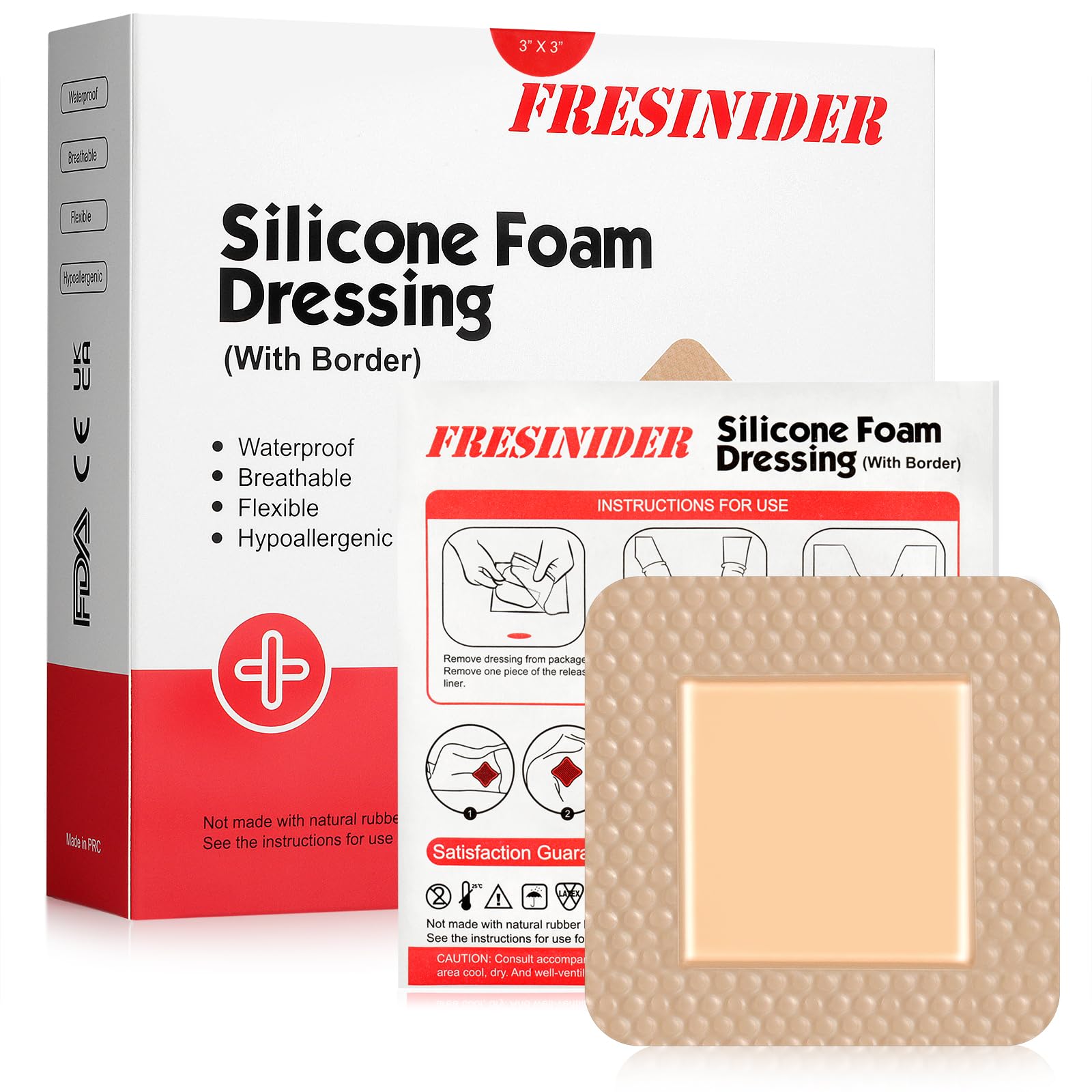 FRESINIDER Silicone Foam Dressing with Adhesive Border – Wound Dressing Bandage – Silicone Foam Pad – Pack of 10 – 3 x 3 Inches Large Waterproof Bandages – Self Adhesive Wound Care and Dressings