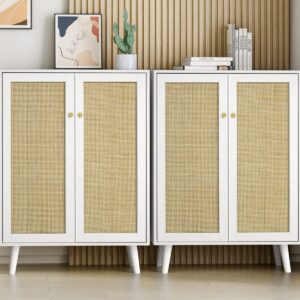 Anmytek Rattan Cabinet, 44" H Tall Sideboard Storage Cabinet with Crafted Rattan Front, Entryway Shoe Cabinet Wood 2 Door Accent Cabinet with Adjustable Shelves White, H0086