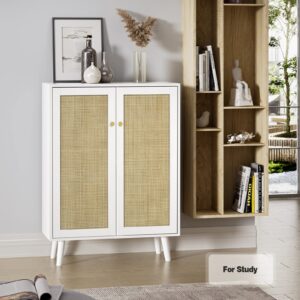 Anmytek Rattan Cabinet, 44" H Tall Sideboard Storage Cabinet with Crafted Rattan Front, Entryway Shoe Cabinet Wood 2 Door Accent Cabinet with Adjustable Shelves White, H0086