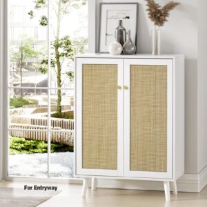 Anmytek Rattan Cabinet, 44" H Tall Sideboard Storage Cabinet with Crafted Rattan Front, Entryway Shoe Cabinet Wood 2 Door Accent Cabinet with Adjustable Shelves White, H0086