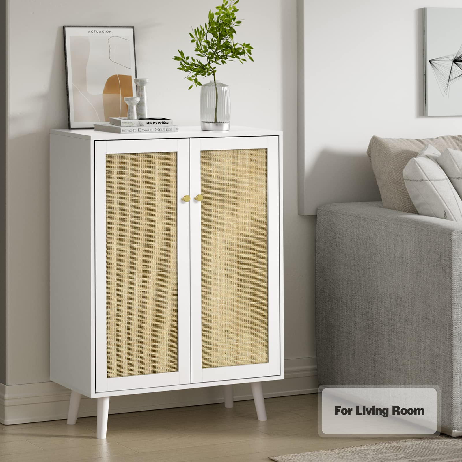 Anmytek Rattan Cabinet, 44" H Tall Sideboard Storage Cabinet with Crafted Rattan Front, Entryway Shoe Cabinet Wood 2 Door Accent Cabinet with Adjustable Shelves White, H0086