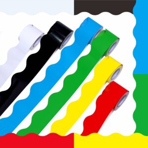 6 Rolls Bulletin Board Borders, 240Ft Scalloped Rolled Border Trim with Wavy Line Design Yellow, Green, Red, Blue, Black, White Decoration for School, Classroom & Offices, 40Ft per Roll