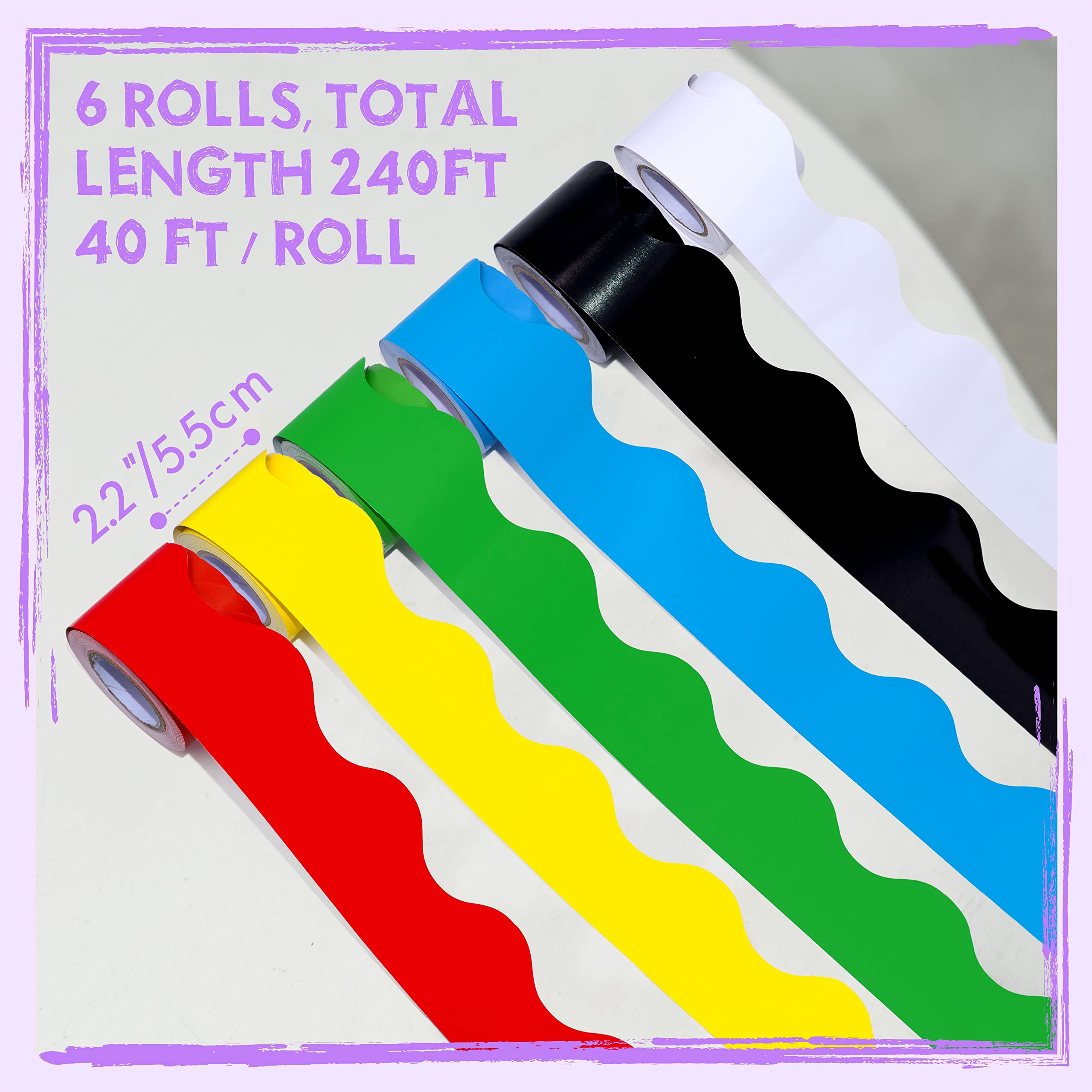 6 Rolls Bulletin Board Borders, 240Ft Scalloped Rolled Border Trim with Wavy Line Design Yellow, Green, Red, Blue, Black, White Decoration for School, Classroom & Offices, 40Ft per Roll