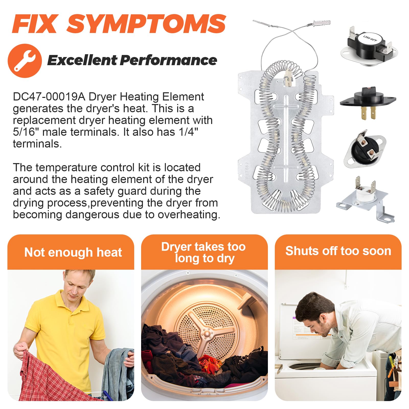 【Upgraded】DC47-00019A Dryer Heating Element Replacement for Samsung dv42h5000ew/a3 dv45h7000ew dve50m7450w/a3 - DC96-00887A DC47-00016A Thermal Fuse & DC32-00007A DC47-00018A Thermostat