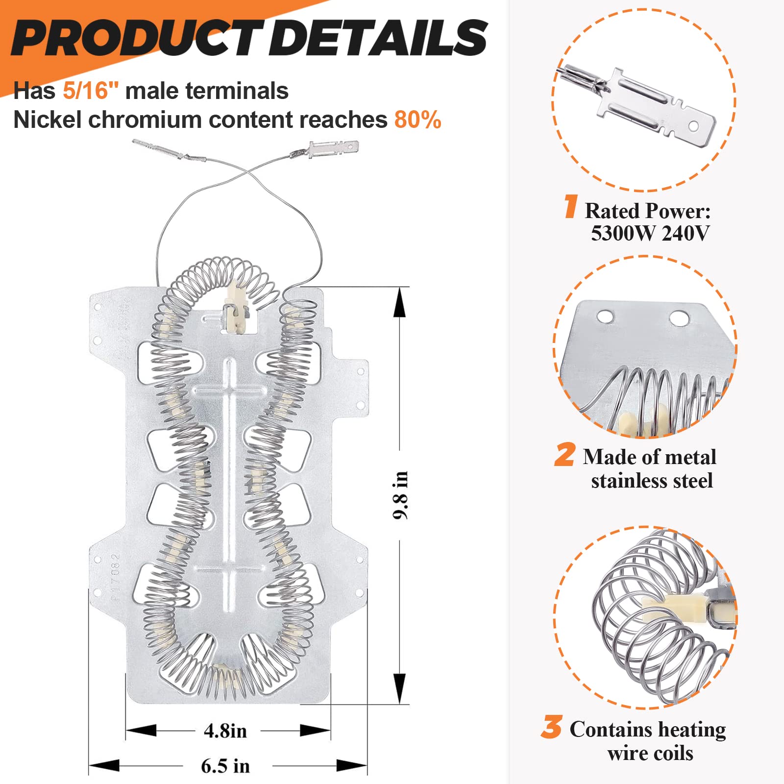 【Upgraded】DC47-00019A Dryer Heating Element Replacement for Samsung dv42h5000ew/a3 dv45h7000ew dve50m7450w/a3 - DC96-00887A DC47-00016A Thermal Fuse & DC32-00007A DC47-00018A Thermostat