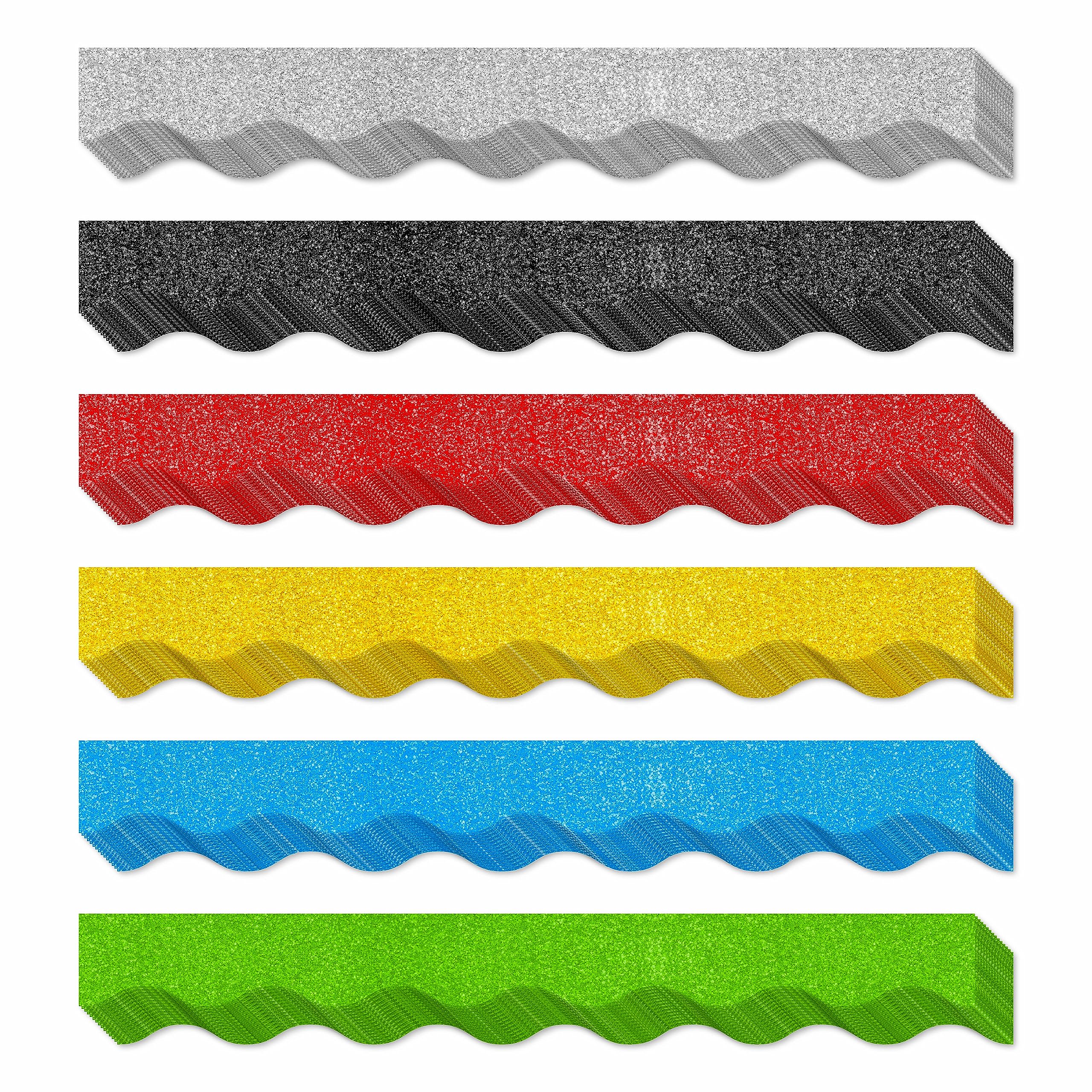 60 Feet Bulletin Board Borders, 45 Sheets Glitter Scalloped Border Trim Holiday Decoration for School, Classroom Office Party Wall Decor (6 Colors, Golden/Silvery/Red/Blue/Black/Green)