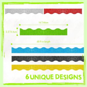 60 Feet Bulletin Board Borders, 45 Sheets Glitter Scalloped Border Trim Holiday Decoration for School, Classroom Office Party Wall Decor (6 Colors, Golden/Silvery/Red/Blue/Black/Green)