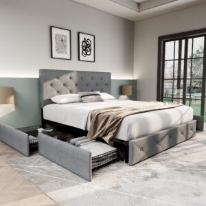 allewie upholstered queen size platform bed frame with 4 storage drawers and headboard, diamond stitched button tufted mattress foundation with wooden slats support, light grey