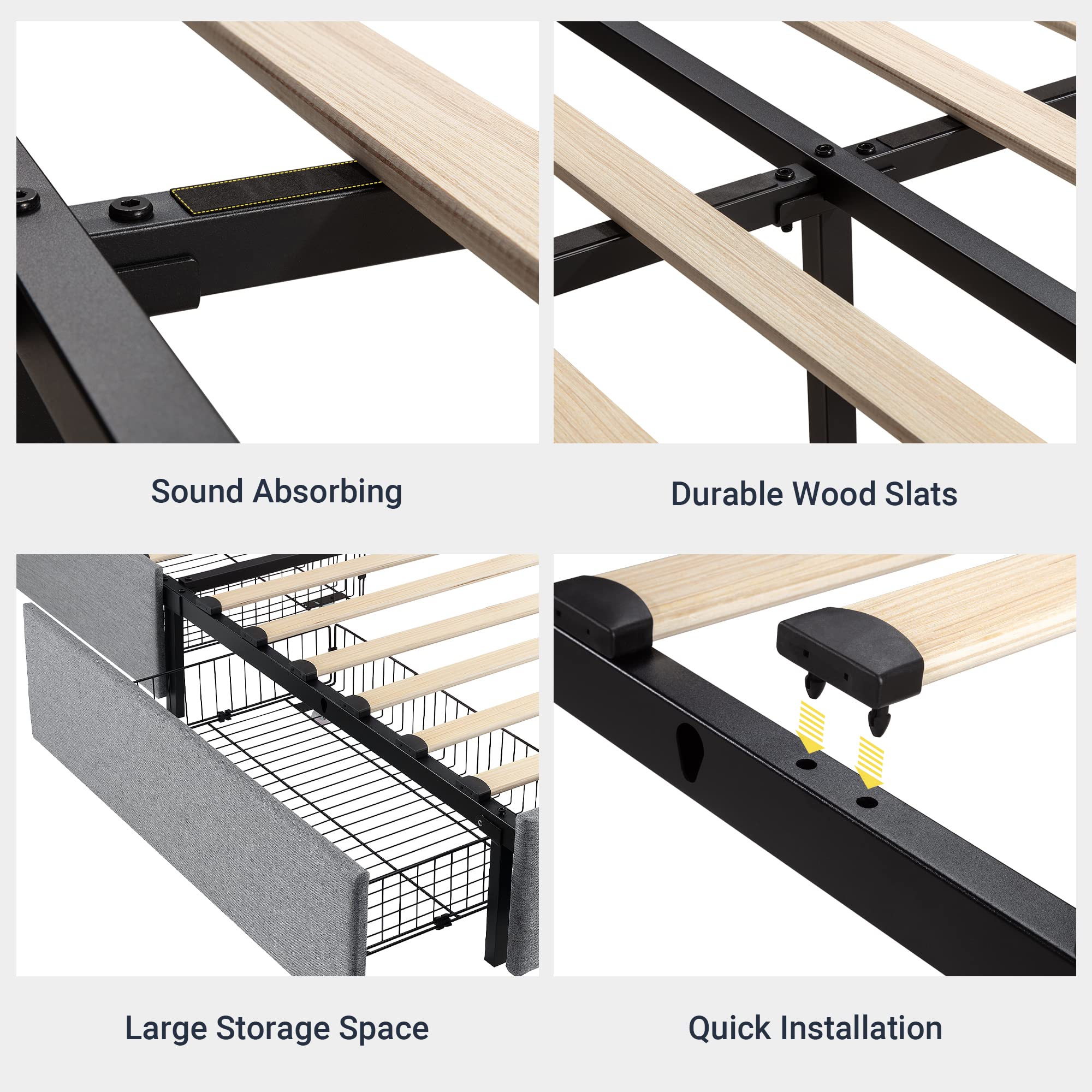 Allewie Upholstered Queen Size Platform Bed Frame with 4 Storage Drawers and Headboard, Diamond Stitched Button Tufted Mattress Foundation with Wooden Slats Support, Light Grey