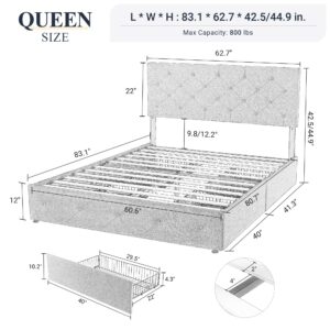 Allewie Upholstered Queen Size Platform Bed Frame with 4 Storage Drawers and Headboard, Diamond Stitched Button Tufted Mattress Foundation with Wooden Slats Support, Light Grey