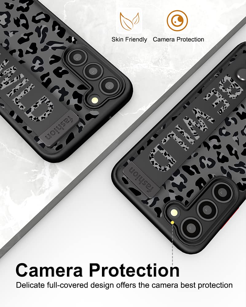 Cisland Leopard Cheetah A54 Case with Strap Stand Kickstand, Cute Case for Women Girly Designer for Girls Silicone Compatible with Samsung Galaxy A54 5G Leopard Cheetah Print Black