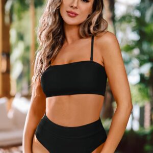 Pink Queen Plus Size 2 Piece Bikini Set for Women Strapless Sexy Cheeky High Waisted Swimsuit Bathing Suit Black 2XL