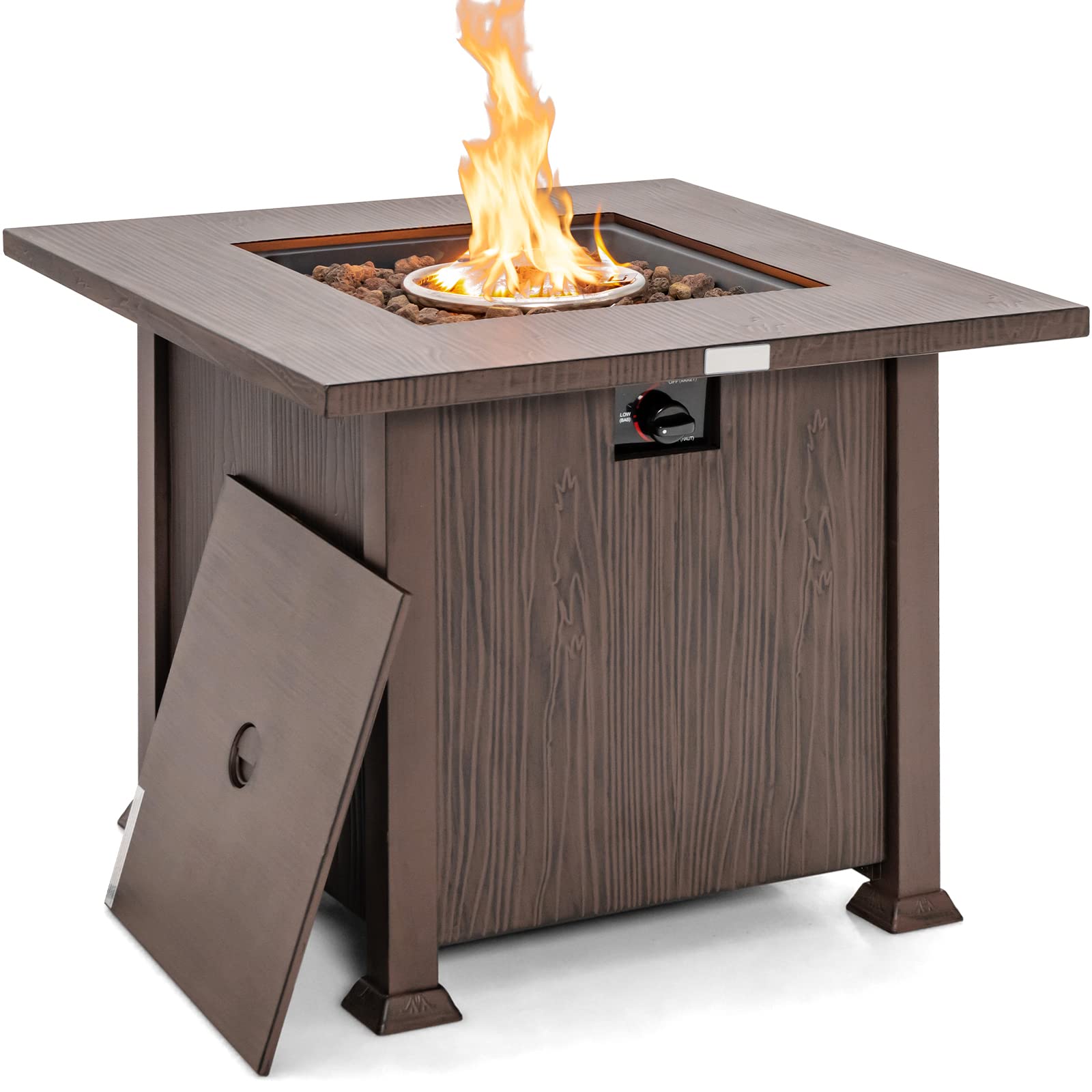 HAPPYGRILL 32” Propane Fire Pit Table, 50,000 BTU Outdoor Propane Gas Fire Table with Wood-like Tabletop, Lid and Lava Rocks, Square Auto-ignition Propane Firepit with PVC Cover