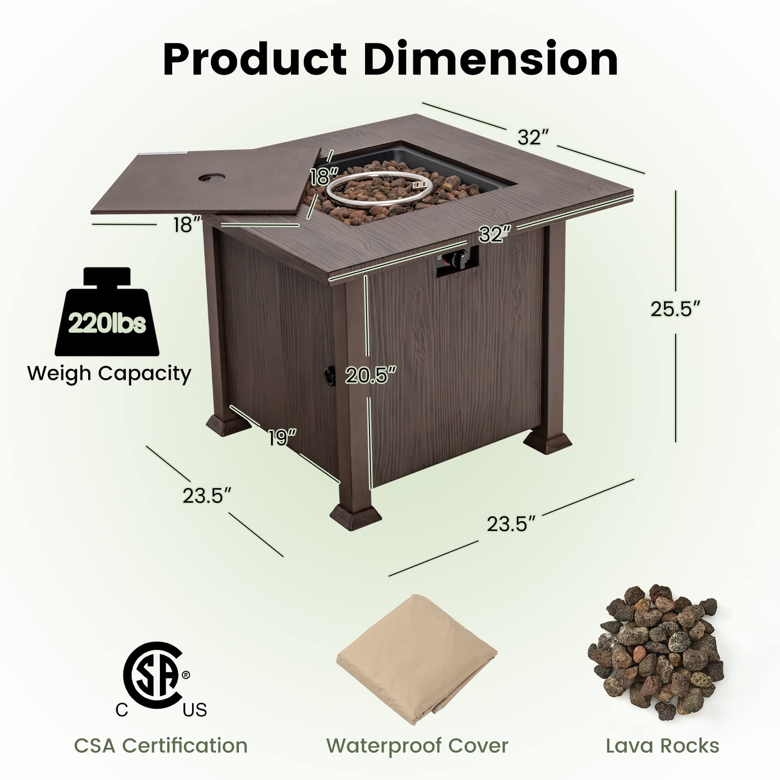 HAPPYGRILL 32” Propane Fire Pit Table, 50,000 BTU Outdoor Propane Gas Fire Table with Wood-like Tabletop, Lid and Lava Rocks, Square Auto-ignition Propane Firepit with PVC Cover