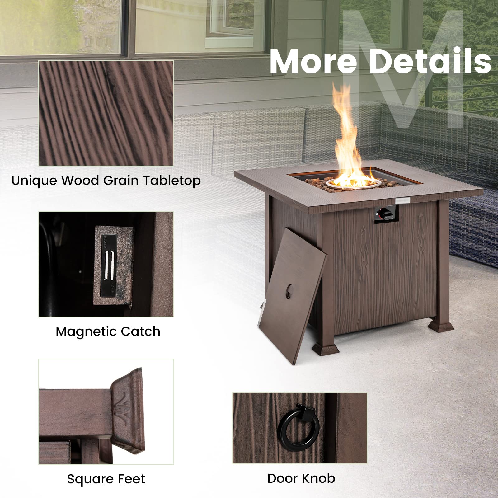 HAPPYGRILL 32” Propane Fire Pit Table, 50,000 BTU Outdoor Propane Gas Fire Table with Wood-like Tabletop, Lid and Lava Rocks, Square Auto-ignition Propane Firepit with PVC Cover