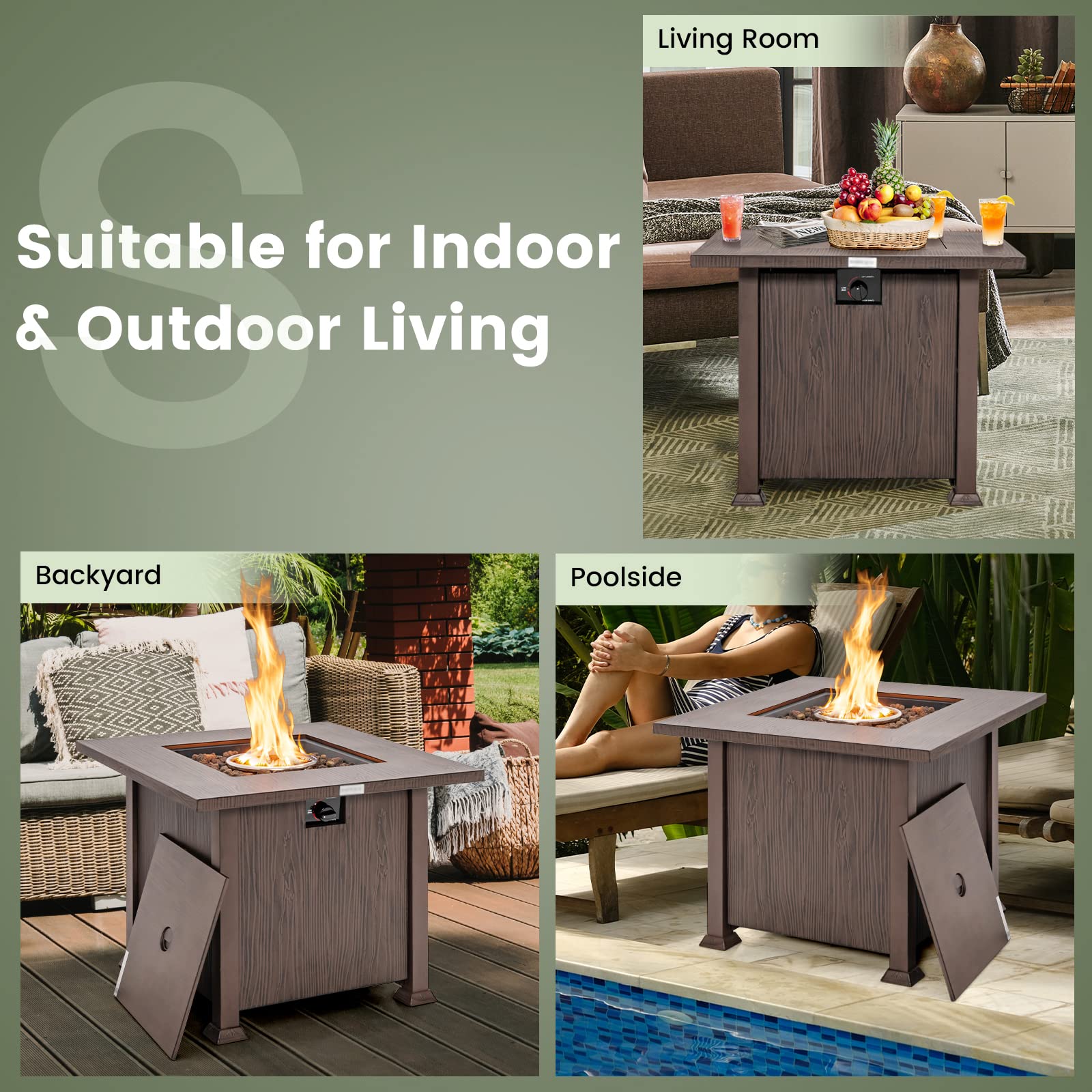 HAPPYGRILL 32” Propane Fire Pit Table, 50,000 BTU Outdoor Propane Gas Fire Table with Wood-like Tabletop, Lid and Lava Rocks, Square Auto-ignition Propane Firepit with PVC Cover