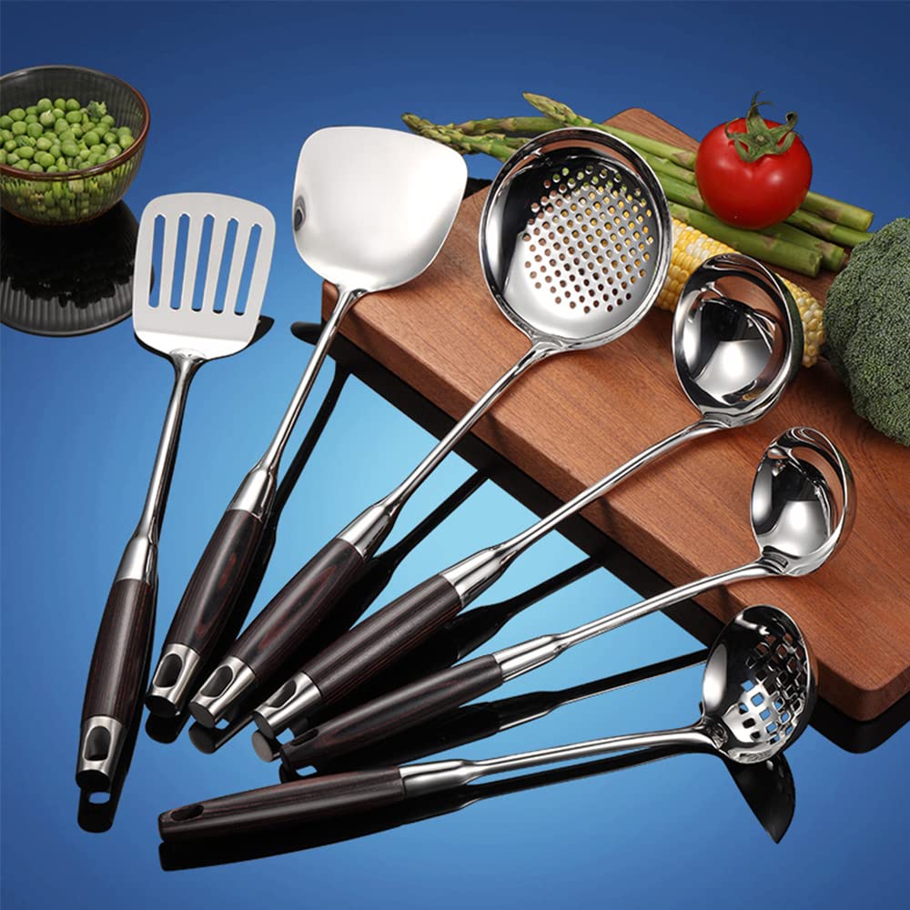 Wooden Cooking Utensils Set, 316 Stainless Steel Kitchen Utensils Set, 6 Pieces Professional Cooking Tools Kitchen Gadgets Wood Cooking Spatula Set for Kitchen