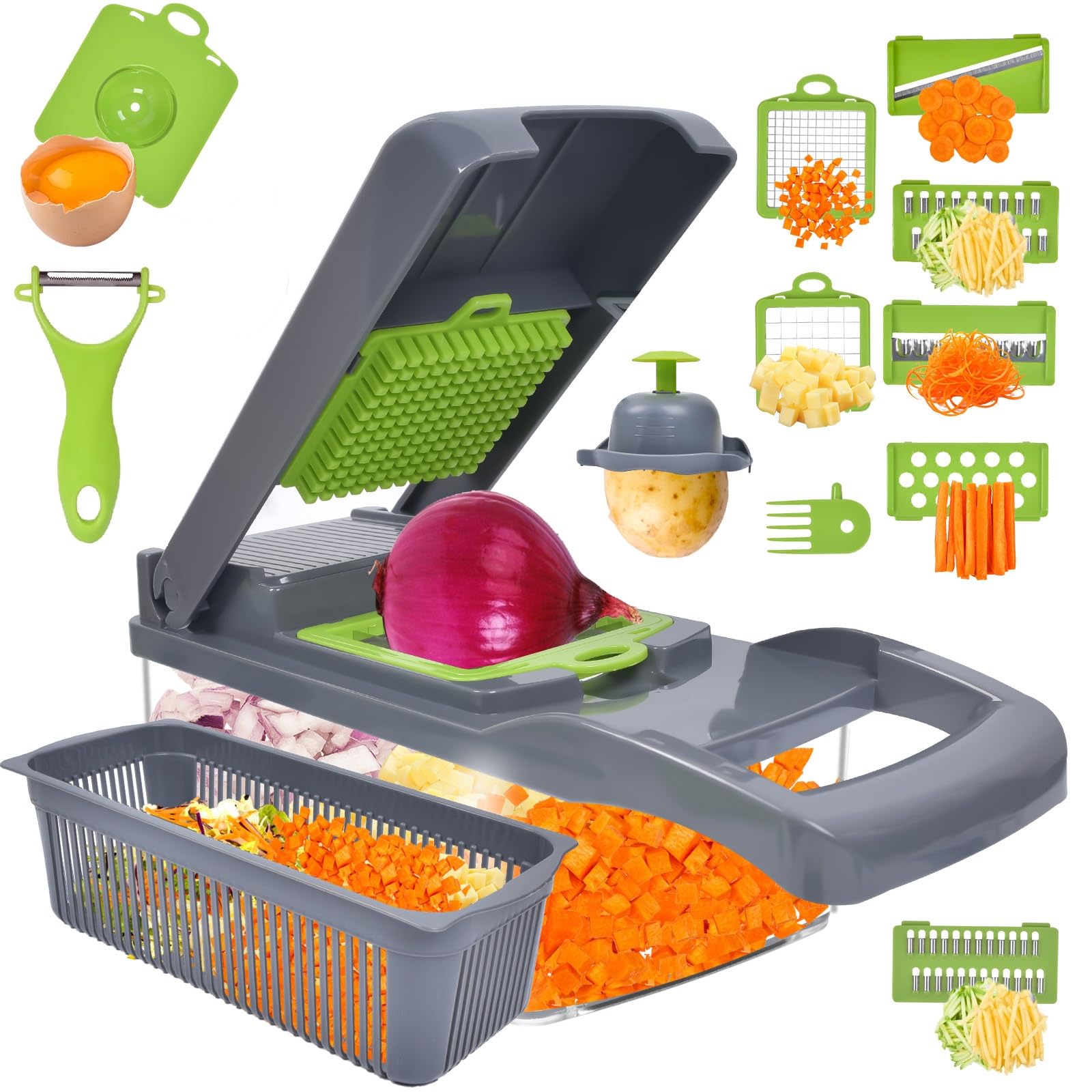 vegetable chopper Gray 12 in 1 multifunction food veggie slicer chopper onion dicer vegetable cutter set egg slicer hand chopper for vegetables veggie cutter veggie slicer food chopper with container