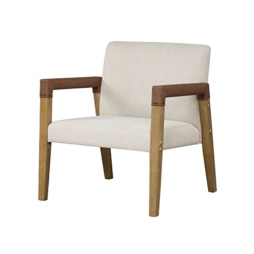 Nathan James Hudson Accent Living Room Chair, Comfy Reading Bedroom Chair, Mid-Century Wood Armchair, Upholstered Fabric and Leather Armrest, Set of 2