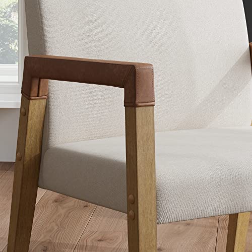 Nathan James Hudson Accent Living Room Chair, Comfy Reading Bedroom Chair, Mid-Century Wood Armchair, Upholstered Fabric and Leather Armrest, Set of 2