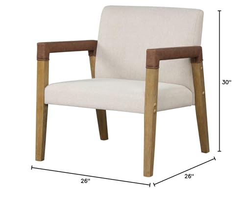 Nathan James Hudson Accent Living Room Chair, Comfy Reading Bedroom Chair, Mid-Century Wood Armchair, Upholstered Fabric and Leather Armrest, Set of 2