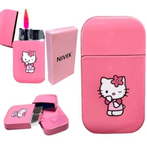 NIVEK Kitty Lighter Pink Flame KT Cat Dress Pink Top Torch Pocket Size Glitter Y2K Refillable Kawaii Windproof Flame Anime with Box