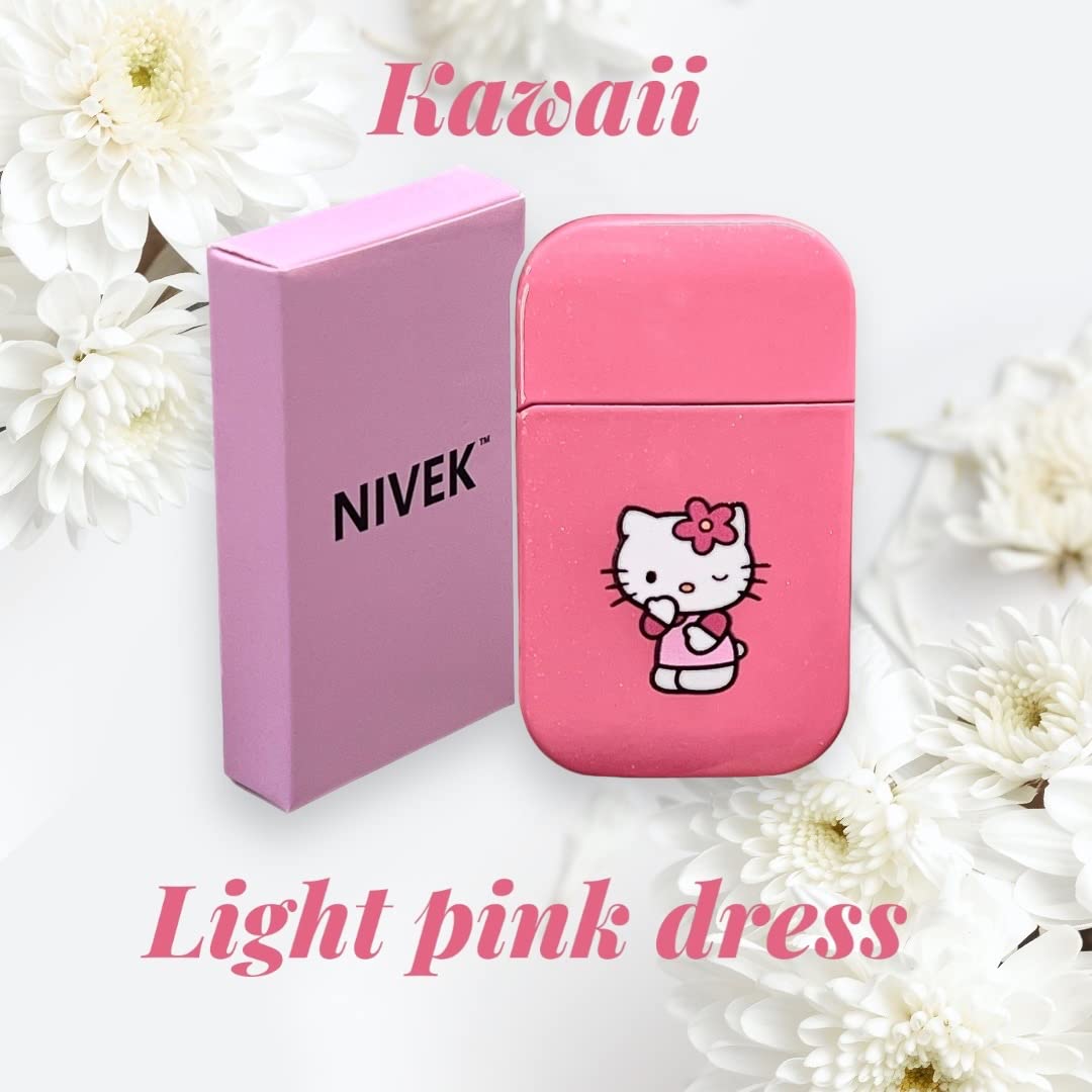 NIVEK Kitty Lighter Pink Flame KT Cat Dress Pink Top Torch Pocket Size Glitter Y2K Refillable Kawaii Windproof Flame Anime with Box