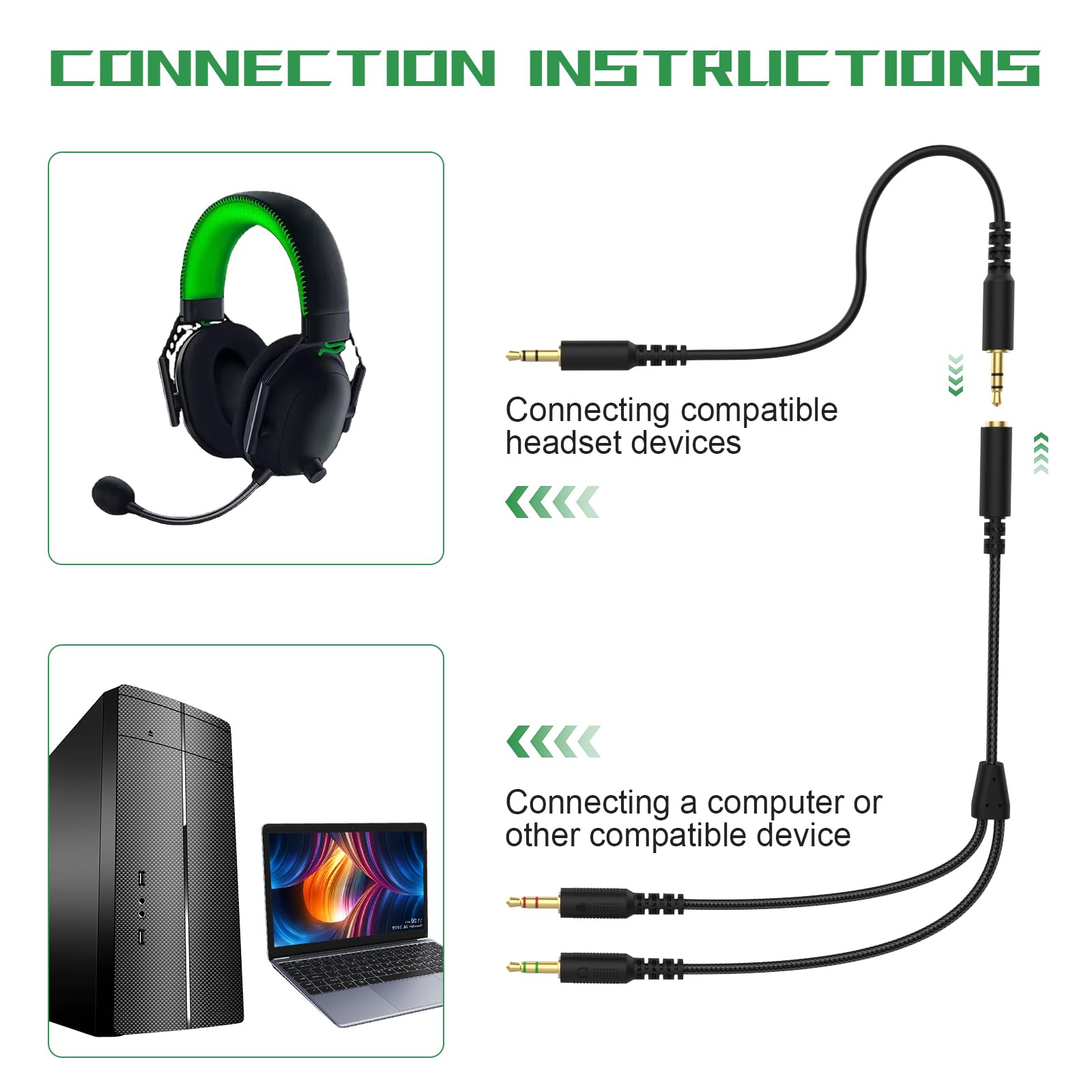 Koffmon Replacement Audio Cable Cord Wire with Y Splitter for Razer Kraken X/BlackShark V2 Pro/Razer Nari Headphone Gaming Headset Adapter to PC/Speaker/Headphone