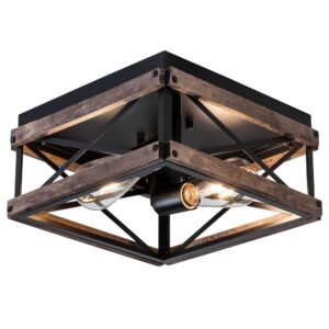 mayna 2-light industrial ceiling light fixtures, farmhouse flush mount ceiling light, metal and wood square dining room light fixture for hallway bedroom balcony farmhouse,black